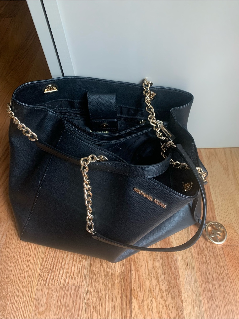 Michael Kors Black Saffiano Tote with Gold Chain Accents